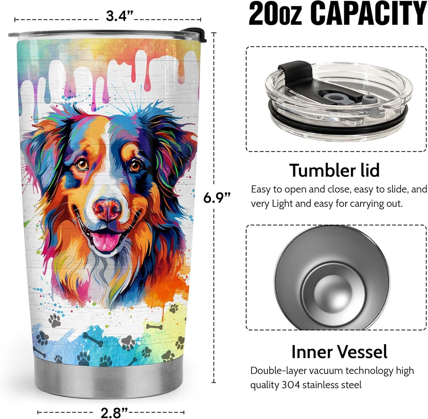 Australian Shepherd Tumbler – 20oz Stainless Steel Tumbler Cup Mug, Funny and Unique Gift for Aussie Dog Owners, Perfect for Mothers Day, Fathers Day, Birthday, and Anniversary Celebrations